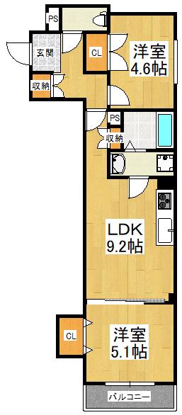クリエオーレ南新町(2LDK/3階)の間取り写真