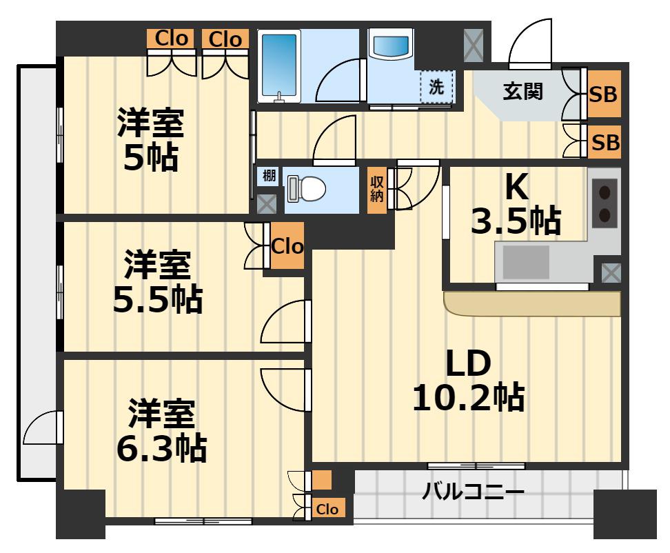 パークキューブ京王八王子Ⅱ(3LDK/12階)の間取り写真