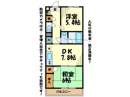 京王線 調布駅 徒歩2分 5階建 築32年(2DK/1階)の間取り写真