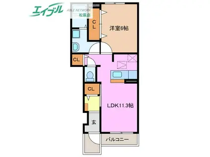 クラージュE棟(1LDK/1階)の間取り写真