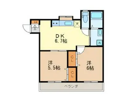 パームヒルズII(2DK/2階)の間取り写真