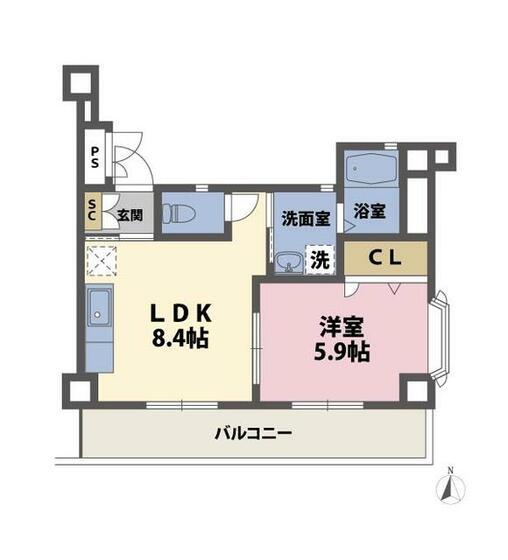 ハピネス本町(1LDK/8階)の間取り写真
