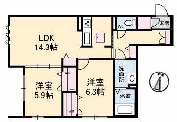 シエルクレールB棟(2LDK/1階)の間取り写真