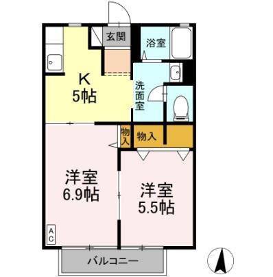 グリーンハイツ浜尾B棟(2K/1階)の間取り写真