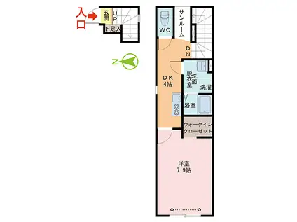 ドルチェ田原町(1DK/2階)の間取り写真