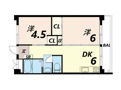 ビレッジハウス南清水タワー1号棟(2DK/8階)の間取り写真