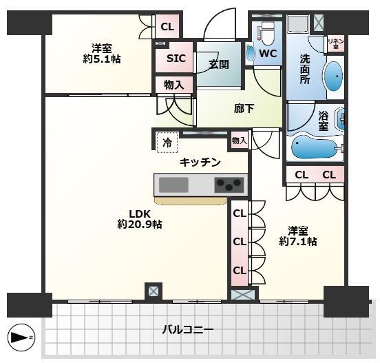 グランドメゾン新梅田タワー THE CLUB RESIDENCE(2LDK/34階)の間取り写真