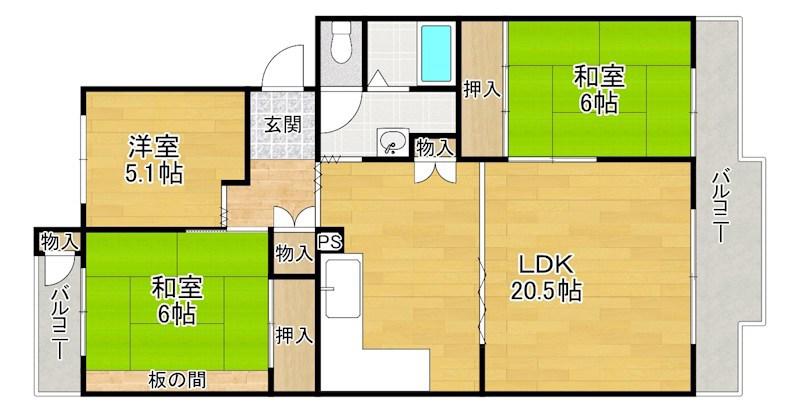 グリーンヒル光善寺18号棟(3LDK/5階)の間取り写真