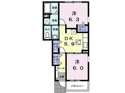 ハイデヒルズ黒瀬(2DK/1階)の間取り写真