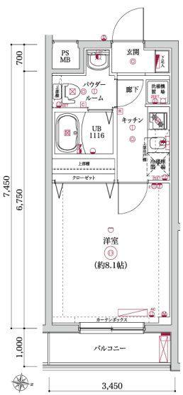 レンティーヴァ綾瀬(1K/4階)の間取り写真