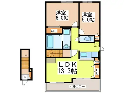 プリムローズ ガーデンヴィラA(2LDK/2階)の間取り写真