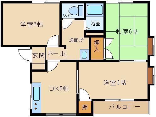 伊勢森ハイツ A棟(3DK/2階)の間取り写真