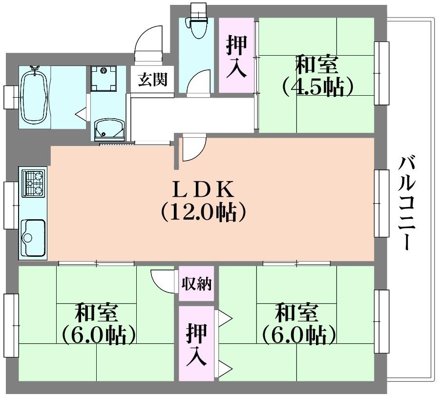 高倉台2-1団地9号棟(3LDK/4階)の間取り写真