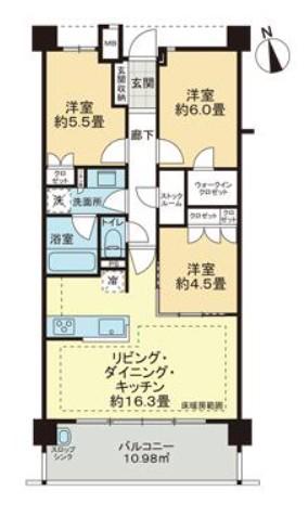 ライオンズ横浜上大岡ガーデンシティ ザ・イースト(3LDK/3階)の間取り写真