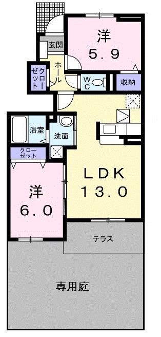 JR横浜線 淵野辺駅 バス乗車時間:12分 最寄りバス停で下車 徒歩3分 2階建 築14年(2LDK/1階)の間取り写真