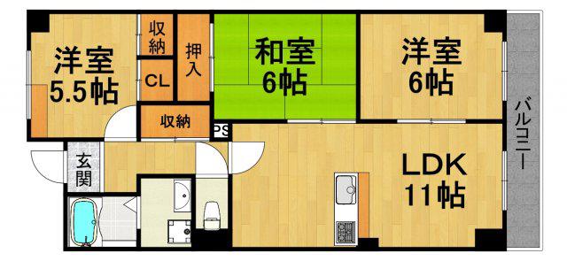 ヴェルドミール カミロク(3LDK/1階)の間取り写真