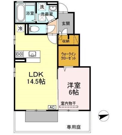 フェリス河内B棟(1LDK/1階)の間取り写真