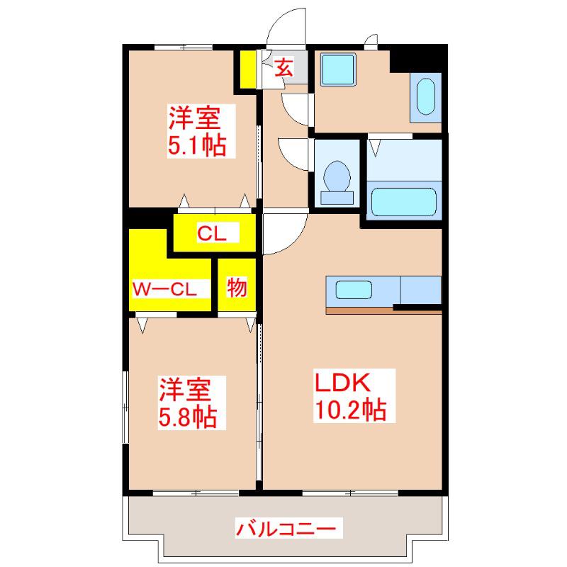 サニーコート風花(2LDK/2階)の間取り写真