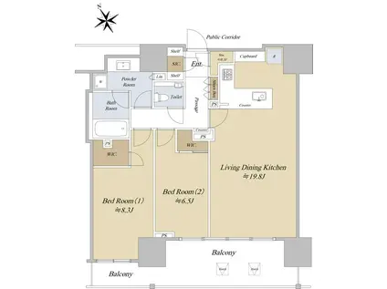 グランドヒルズ恵比寿(2LDK/15階)の間取り写真