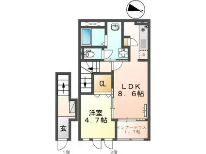 PRENDRE黒髪(1LDK/2階)の間取り写真