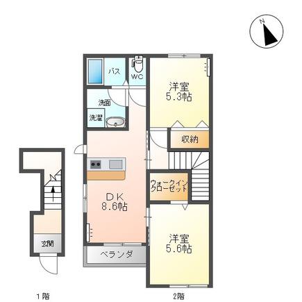 静かで落ち着いた住環境が魅力(2DK/2階)の間取り写真
