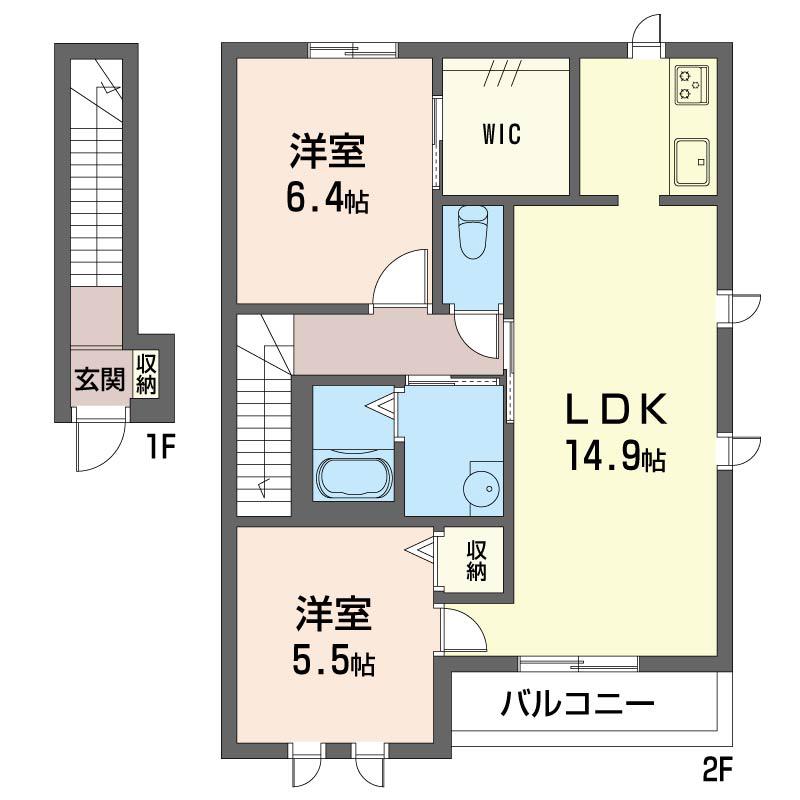 カーサフォンティーヌF(2LDK/2階)の間取り写真