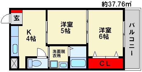 サニープレイス(2K/4階)の間取り写真