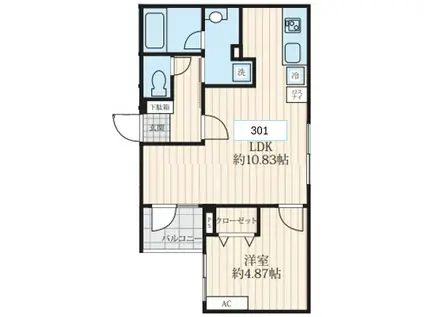 フォセット千早(1LDK/3階)の間取り写真