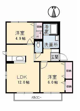 ミレリサイアB棟(2LDK/2階)の間取り写真