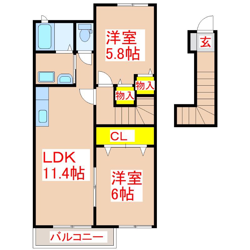 シェルクレールI(2LDK/2階)の間取り写真