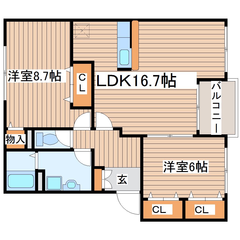 リバーサイドシャトーA(2LDK/2階)の間取り写真