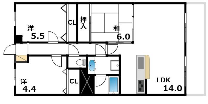 藤和ハイタウン西宮(3LDK/6階)の間取り写真