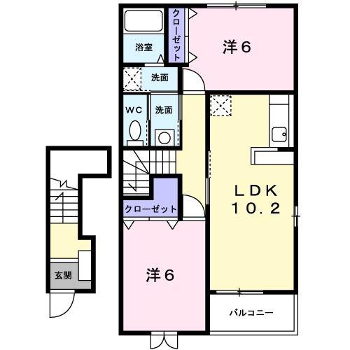 エレガントヴィラUSAA棟(2LDK/2階)の間取り写真