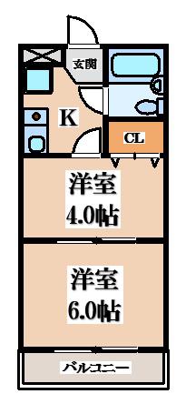 ハピネス八戸ノ里(2K/2階)の間取り写真