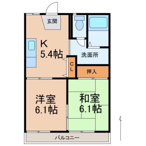 JR和歌山線 岩出駅 徒歩3分 2階建 築38年(2K/2階)の間取り写真
