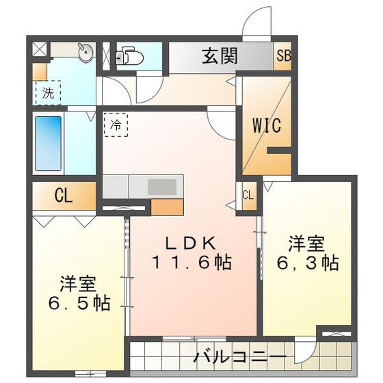 D-CHAMBRE 中川原(2LDK/3階)の間取り写真