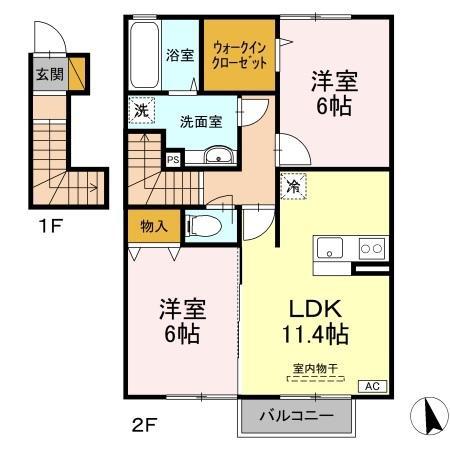 フォンテーヌB(1LDK/2階)の間取り写真