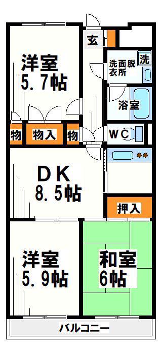 グランドール武戸野(3DK/4階)の間取り写真