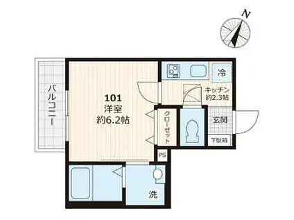 小田急線 喜多見駅 徒歩2分 2階建 築4年(1K/1階)の間取り写真