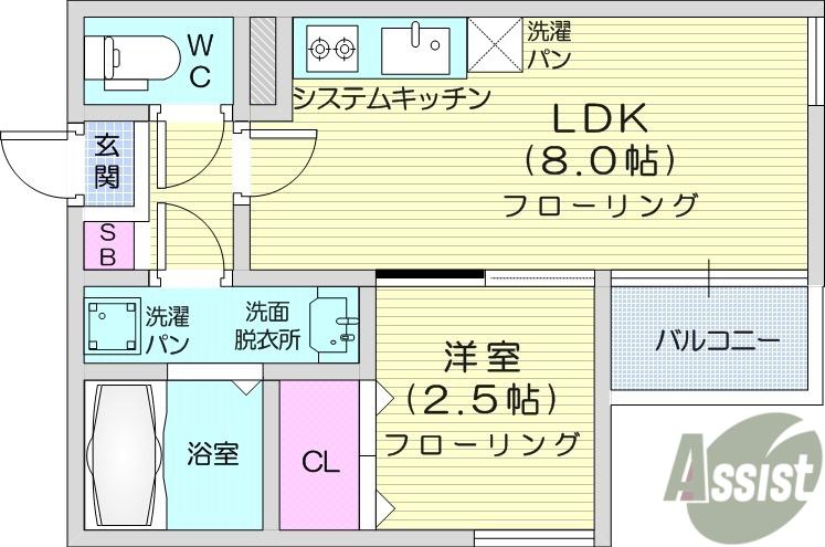 RSキャスバルクォーレ榴ヶ岡(1LDK/2階)の間取り写真