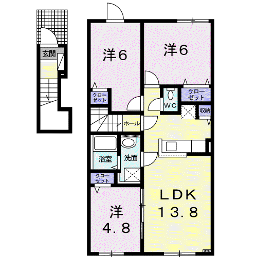 滝川市黄金町西4丁目3LDKアパート2階(3LDK/2階)の間取り写真