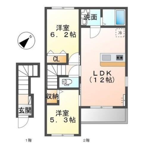 アヴィオン(2LDK/2階)の間取り写真