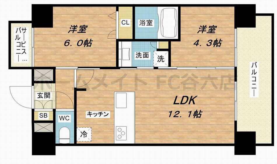 プレサンス玉造ザ・ライブ(2LDK/13階)の間取り写真