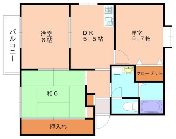 ヒルズ赤間B棟(3DK/1階)の間取り写真