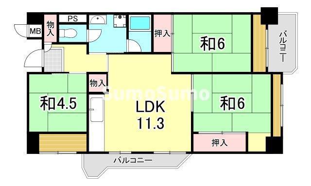 UR武庫川 20号棟(3LDK/13階)の間取り写真