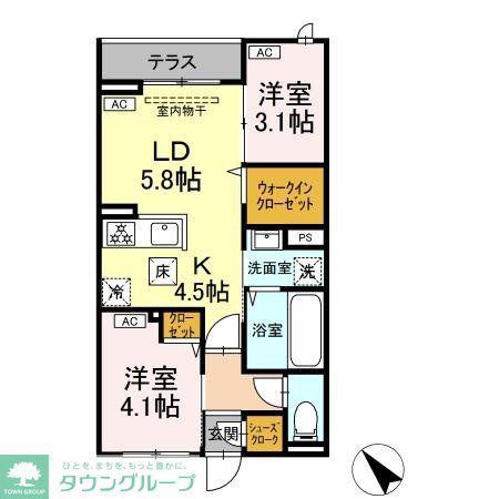 セレスティア白鳥(2LDK/1階)の間取り写真