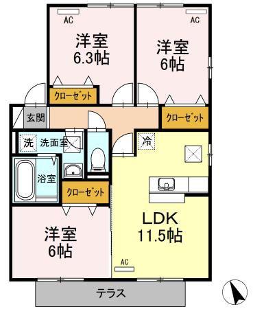 リビングタウン岩国D(3LDK/1階)の間取り写真