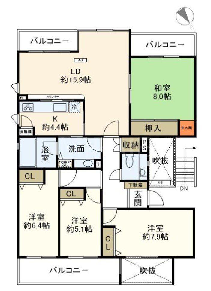 ハイツ東戸塚II(4LDK/5階)の間取り写真