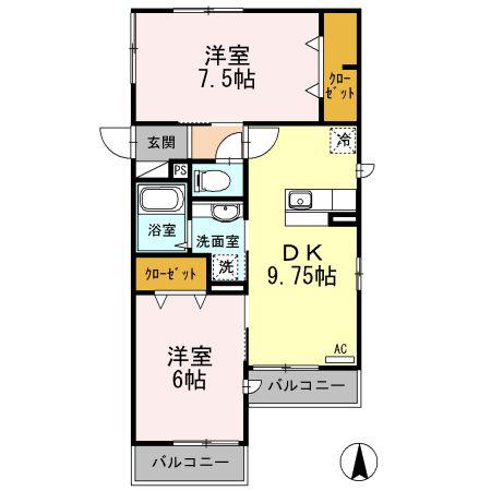 VILLA DEL SOL(2DK/2階)の間取り写真