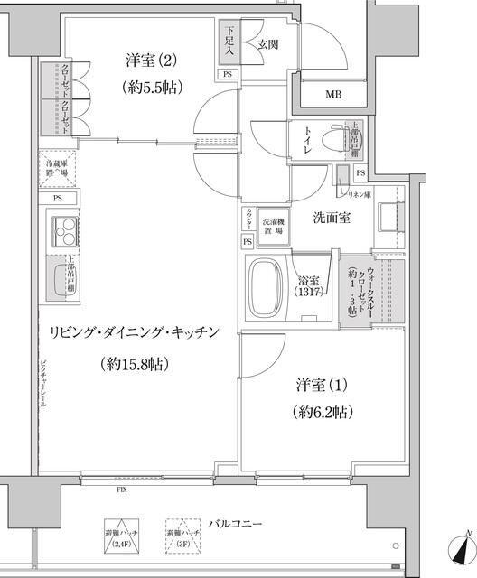 パークハビオ渋谷本町レジデンス(2LDK/2階)の間取り写真